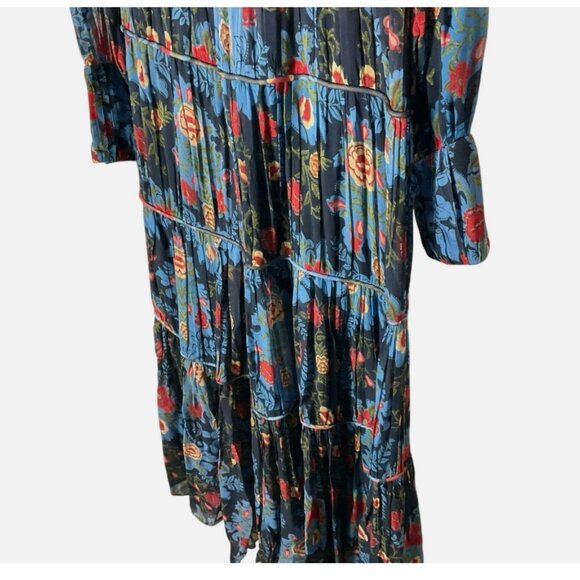 Farm Rio Dress Arabesque Floral Gown Maxi Long-Sleeve Blue Size XS *READ FLAW* - Picture 7 of 9